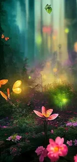 Enchanted forest with glowing butterflies and vibrant flowers.