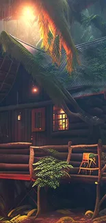 Cozy cabin nestled in lush, enchanted forest, bathed in warm sunlight.