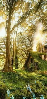 Enchanted forest cabin with lush greenery and sunlight.