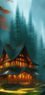 Cozy cabin in misty forest with warm glow and tall trees.