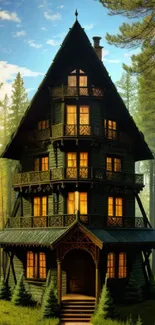 Rustic cabin lit warmly among towering forest trees at dusk.