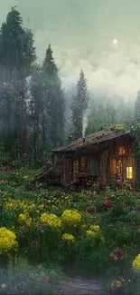 Rustic cabin in a misty forest with vibrant flowers and glowing windows.