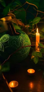 Green apple in forest with candles glowing softly at night.