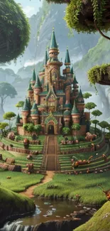 Mystical forest wallpaper with enchanted castle.