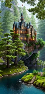 A scenic view of an enchanted castle in a lush forest by a tranquil lake.