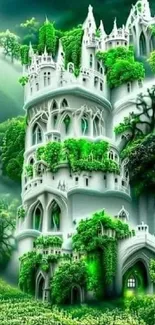 Enchanted white castle with green vines in a mystical forest setting.