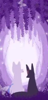 Enchanted cats in a purple forest with glowing butterflies.