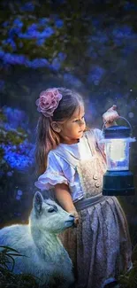 Child holds lantern in a magical forest with fox.