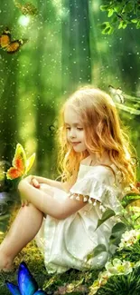 Young girl in enchanted forest with butterflies