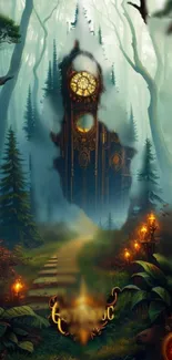 Enchanted forest with clock tower, lush greenery, fantasy wallpaper.