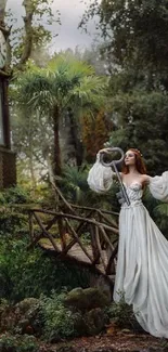 Enchanted forest with clock tower and elegant woman in a white gown.