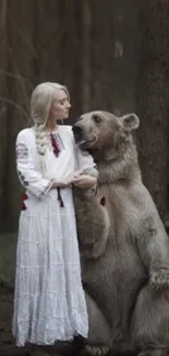 A woman and bear stand together in an enchanted forest setting.