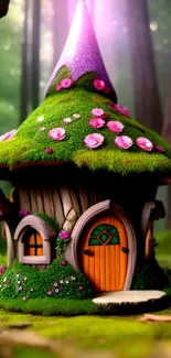 Whimsical forest cottage with moss roof and pink flowers.