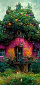 Artistic depiction of a whimsical forest cottage with vibrant green surroundings.