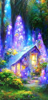 Magical woodland with glowing cottage and vibrant fantasy lights.