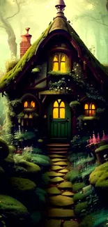 Whimsical forest cottage in enchanted setting.