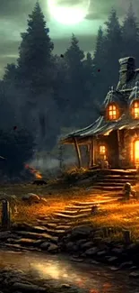 A glowing cabin in a mystical forest at night, under the moonlight.