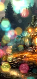 Enchanted forest cottage with glowing bokeh lights creating a magical night scene.