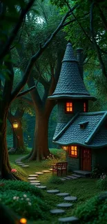 Mystical forest scene with illuminated cottage path.