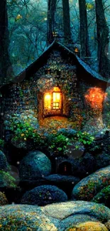 Enchanted cottage surrounded by forest and glowing warm light.