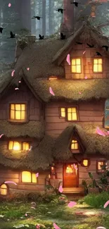 A whimsical forest cottage with glowing windows and pink petals in the air.