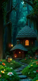 Whimsical forest cottage with glowing windows.