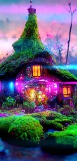 Enchanted forest cottage with moss and glowing lights in a mystical setting.