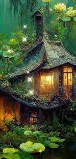 Fantasy cottage in a lush forest with glowing lights and lily pads.