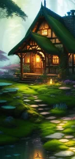 Cozy cottage nestled in an enchanted forest with a glowing pathway.