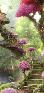 Whimsical forest scene with pink trees and magical cottage