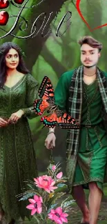 Mystical couple in enchanted forest with butterflies.