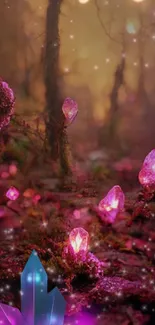 Magical forest with glowing pink crystals in a mystical atmosphere.