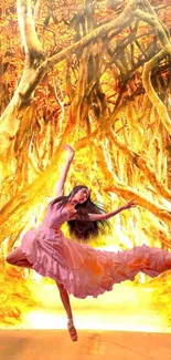 Dancer leaping in a golden forest path.