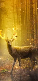 Enchanted deer stands in a glowing golden forest.