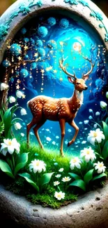 Fantasy deer in enchanted forest wallpaper with flowers and starry sky.