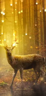 Enchanted woodland with glowing deer in golden light.