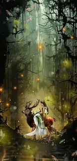 Enchanted forest with deer and fairies in a mystical setting.