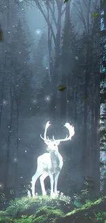 Mystical glowing deer in an enchanted forest with luminous trees.