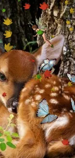 A serene fawn with butterflies and leaves in an enchanting forest setting.