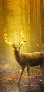 Majestic deer illuminated in an enchanted golden forest scene.