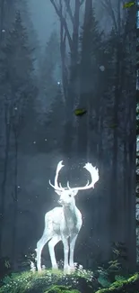 Mystical glowing deer in dark forest wallpaper.