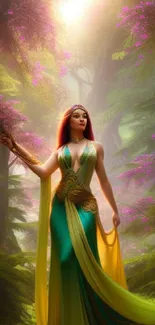 Illustration of a goddess in a vibrant forest with sunlight filtering through.