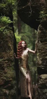 Woman in gold dress amidst forest rocks.