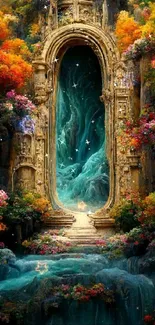 Mystical forest doorway with vibrant flowers and teal waterfall.