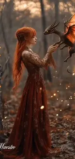 A red-haired woman holds a dragon in a mystical forest scene.