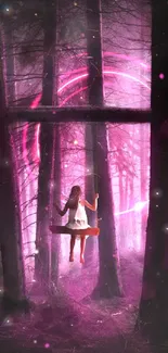 Girl on swing in enchanted forest with pink glow, magical scenery.