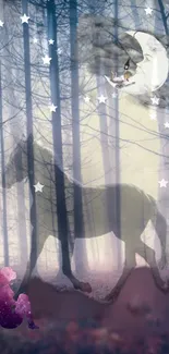 Enchanted forest scene with horse silhouette under a starry sky.