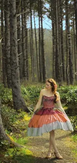 Woman in autumn dress walking through an enchanting forest path.