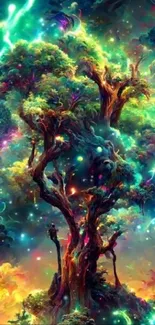 Vibrant enchanted forest dreamscape wallpaper with glowing mystical trees.