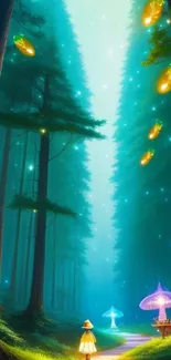 Magical forest scene with glowing paths and illuminated flora.